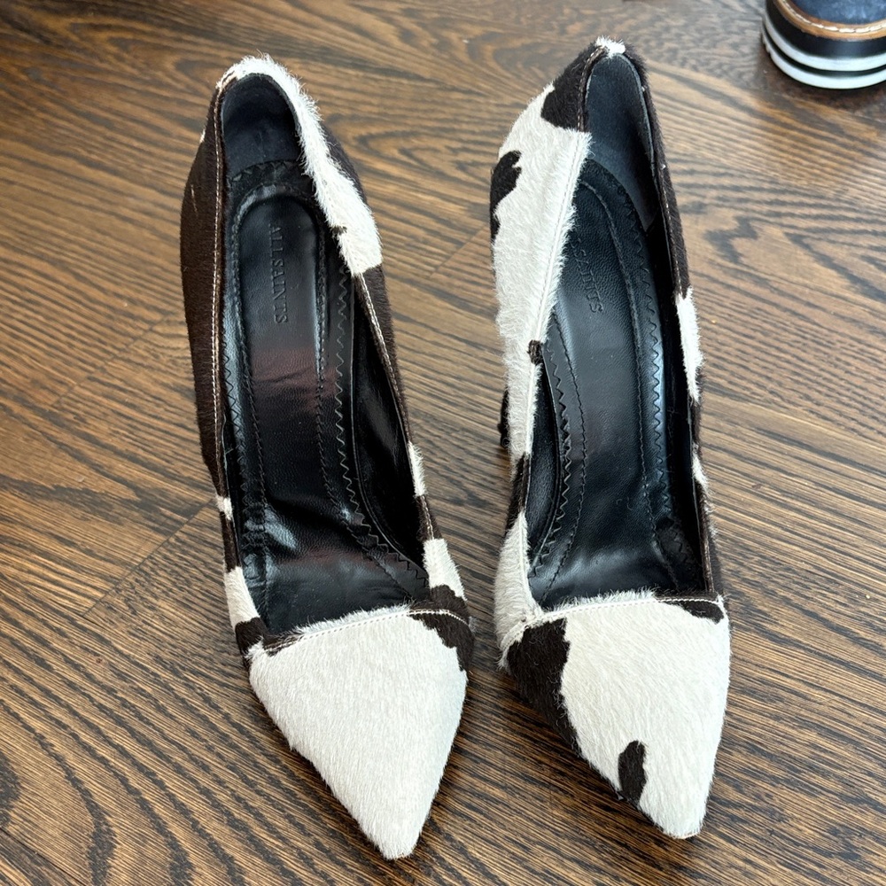 All Saints Monochrome Cow Print Heels